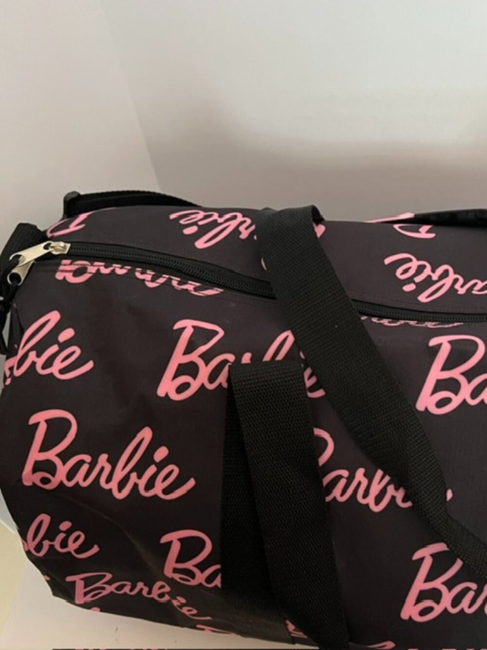 Barbie Large Weekender Travel Duffle Bag Black with All-over Pink Logos NWOT - Picture 4 of 7